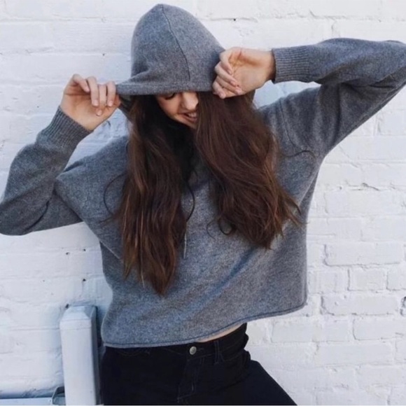 Brandy  Melville Giovanna Wool Hoodie Crop Sweater Gray Pullover Knit One Size - Picture 1 of 15